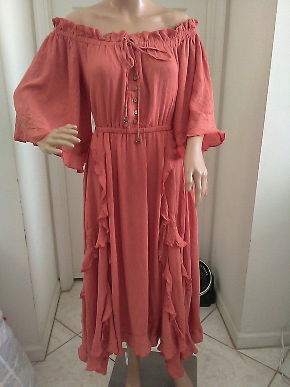 NWT FREE PEOPLE Boho Off-Shoulder Ruffle Maxi Dress Coral SZ. SM